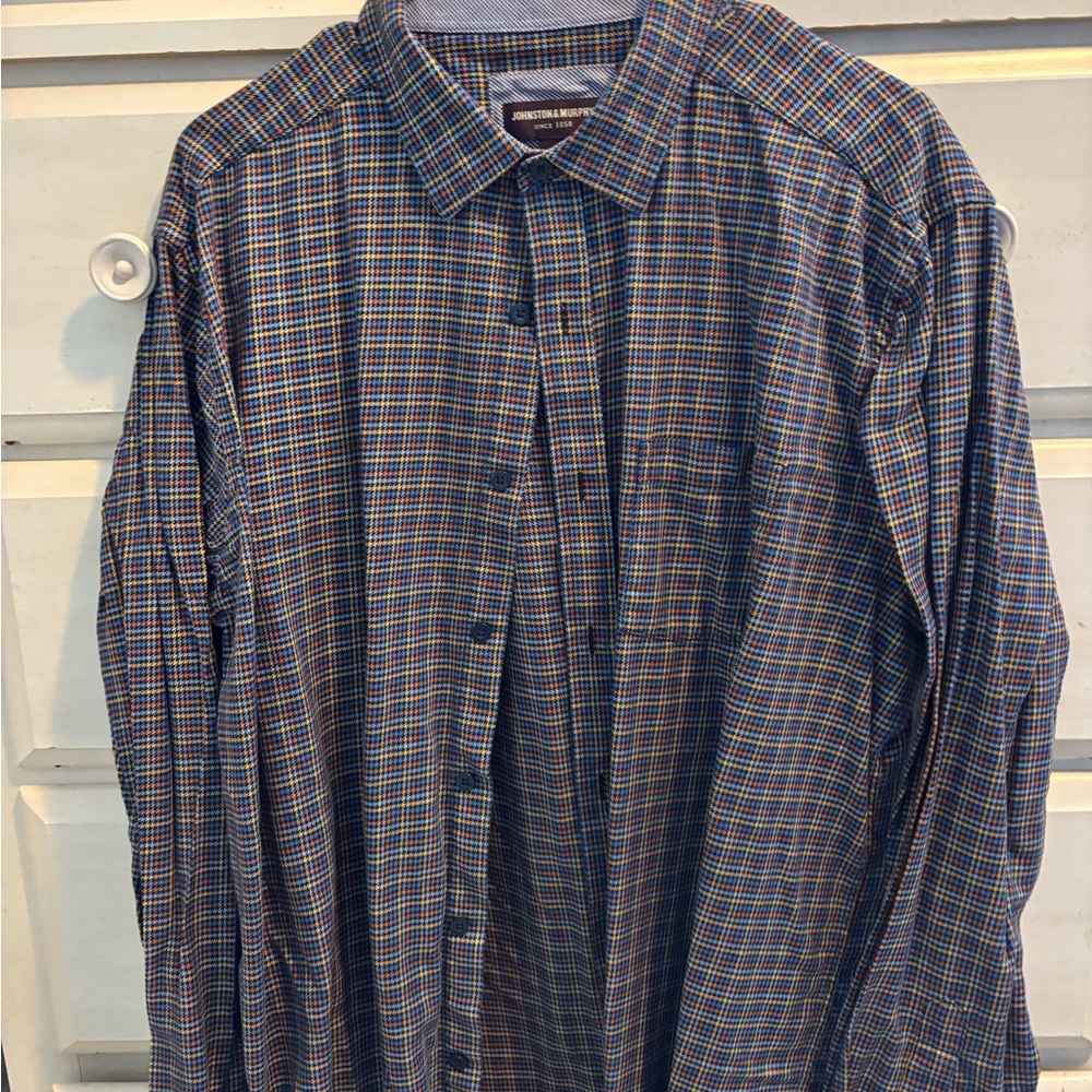 Johnston & Murphy Men's Blue and Brown Plaid Shirt